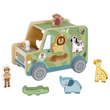 Дървена играчка сортер джип с животни и фигурки от Tooky Toy, развиваща моториката, за 18+ месеца