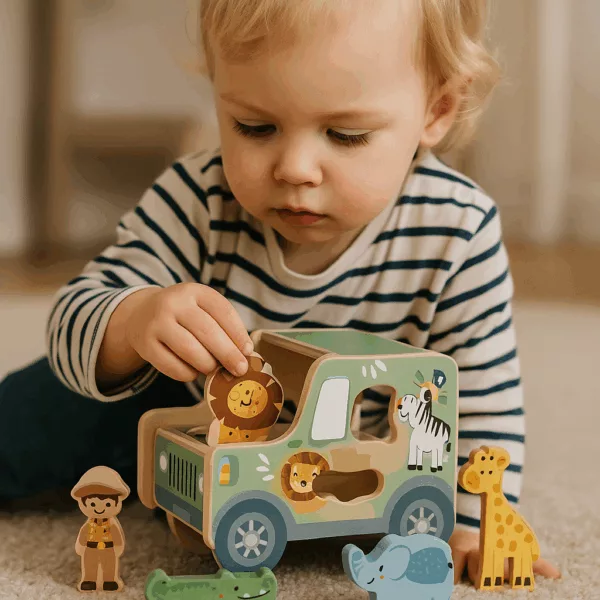 Малко дете играе с дървен сортер джип с животни от Tooky Toy, образователна играчка за развитие на моторика