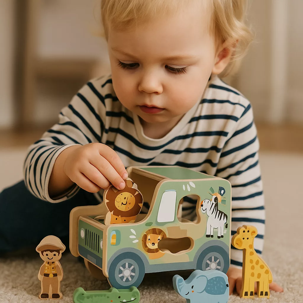 Малко дете играе с дървен сортер джип с животни от Tooky Toy, образователна играчка за развитие на моторика