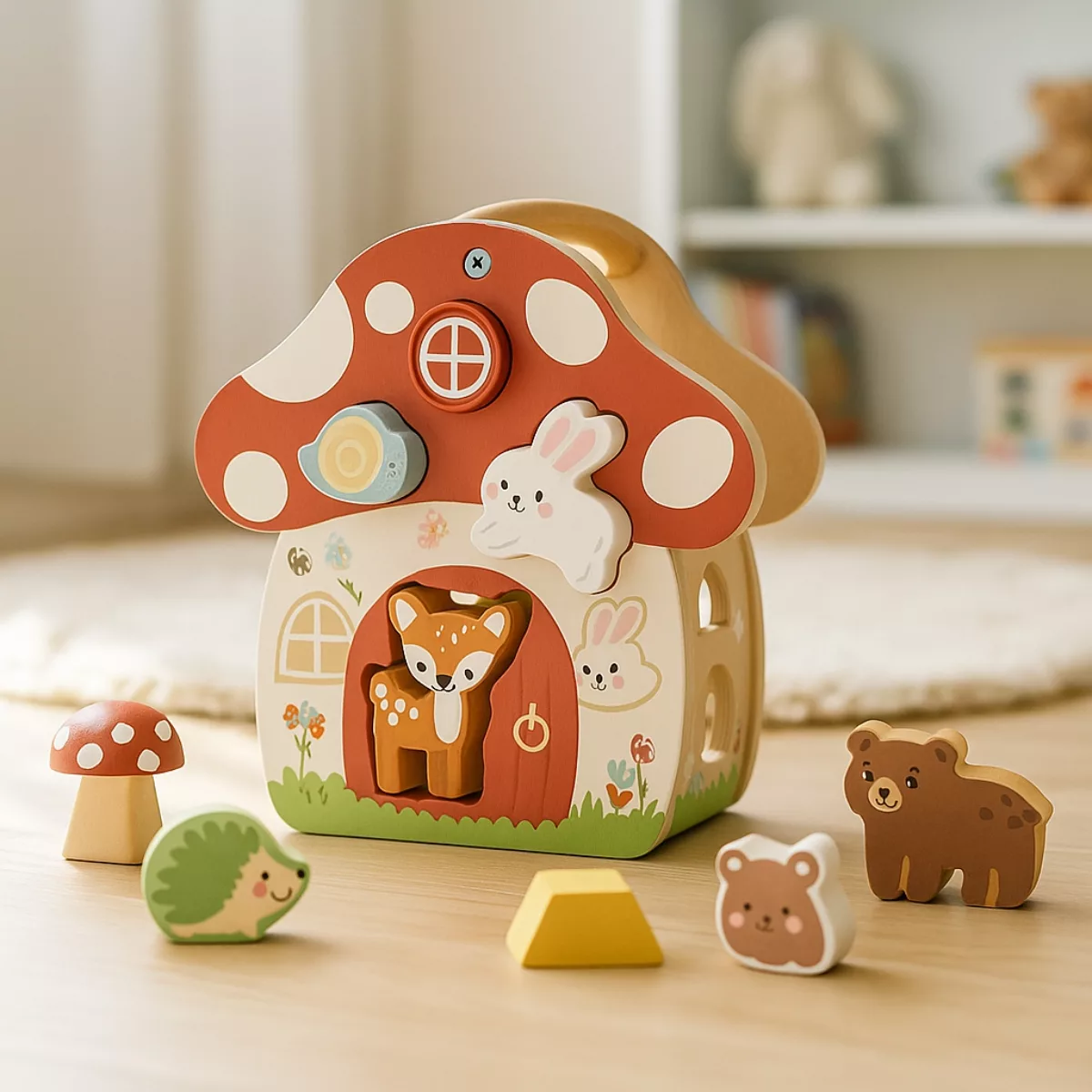 Дървен сортер Гъбка с фигурки на животни и форми от Tooky Toy, пастелни цветове, безопасен материал, 1+ години