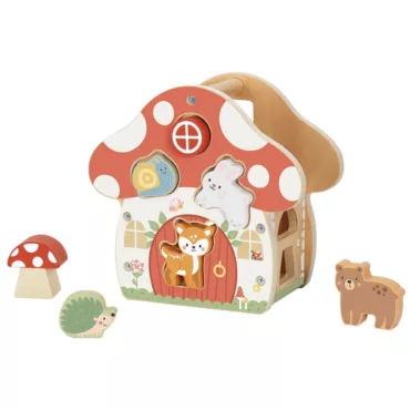 Дървена играчка за сортиране Гъбка от Tooky Toy с животни и форми, натурални и червени цветове, 1+ години