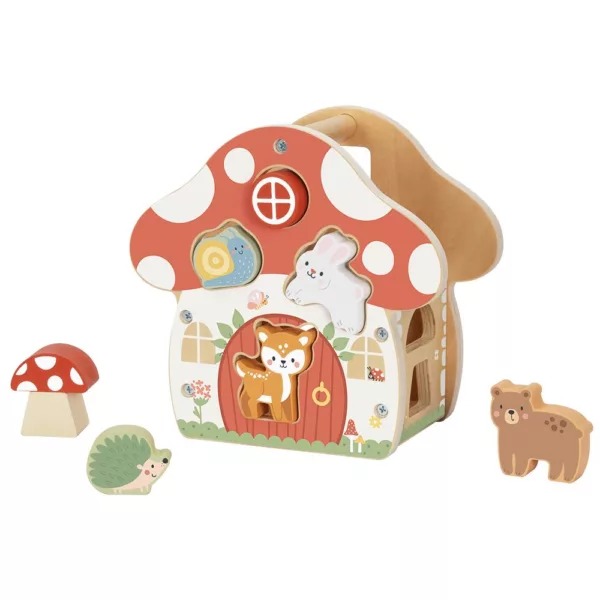 Дървена играчка за сортиране Гъбка от Tooky Toy с животни и форми, натурални и червени цветове, 1+ години