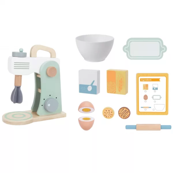 Детски миксер с продукти за печене, дърво и безопасна пластмаса, пастелни нюанси, 3+ години