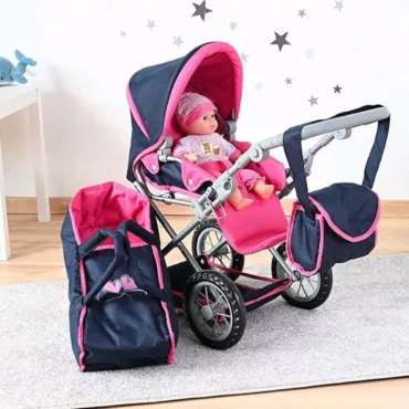 Детска количка за кукли в розово и тъмносиньо с аксесоари, подходяща за момичета