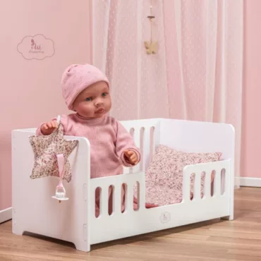 Дървено легло за кукли с бебе и текстилен комплект, подходящо за момичета 3+