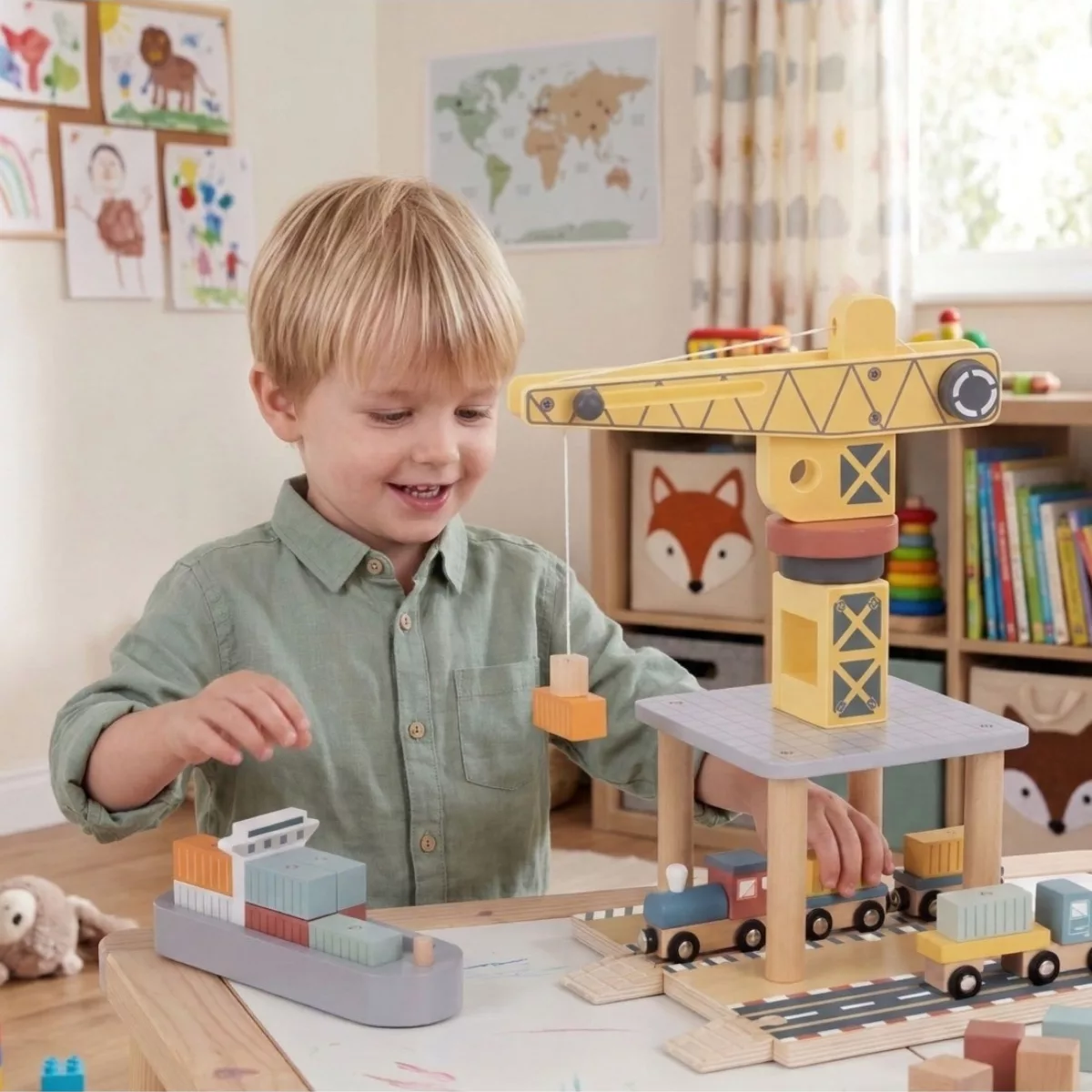 Дървен комплект пристанище с кран и влак транспортни средства играчка за деца 3+