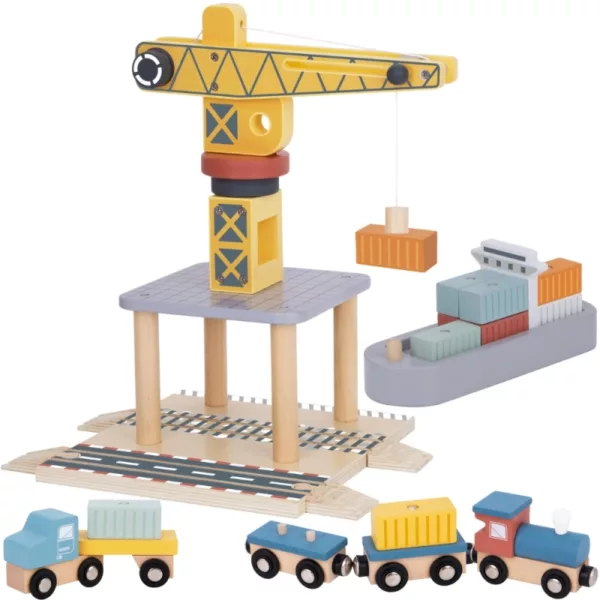Дървен комплект с пристанищен кран, влак, камион и кораб с контейнери за деца