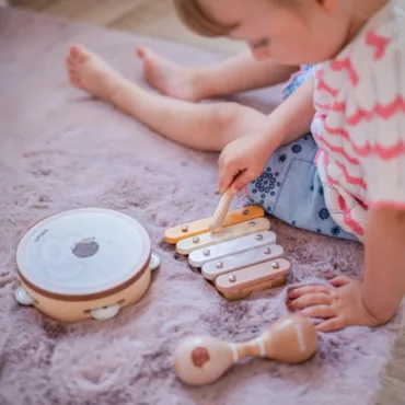 Музикален комплект за деца с ксилофон, тамбурина и маракас, пастелни цветове, дървен материал, над 1 година