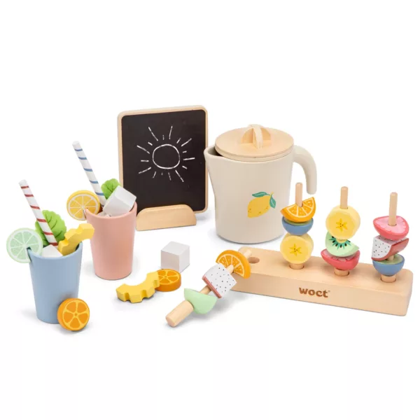 Дървен комплект за игра – Лимонада с чаши, плодове и черна дъска за деца