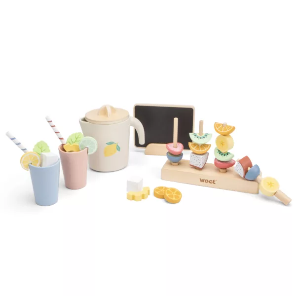 Дървен комплект за игра – Лимонада с чашки, резени плодове и каничка