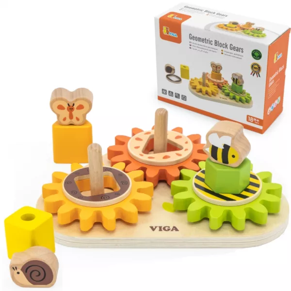 Комплект от дървен сортер Viga с кутия и цветни зъбни колела, животни и фигури