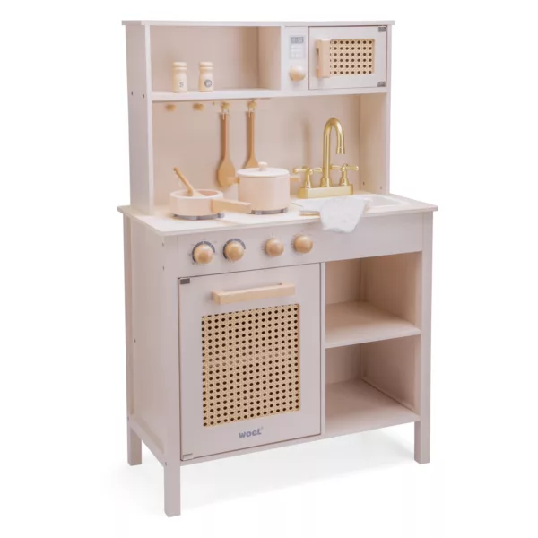 Дървена кухня за игра – Розов ратан с отварящи се вратички и аксесоари