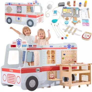 Дървена линейка с медицински аксесоари и деца в ролеви игри от Viga Toys