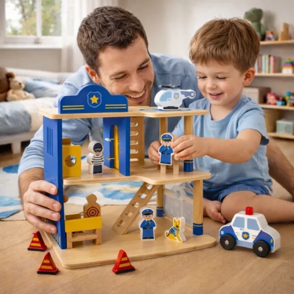 Дървена полицейска станция Viga Toys с фигури и хеликоптер за ролева игра деца 3+