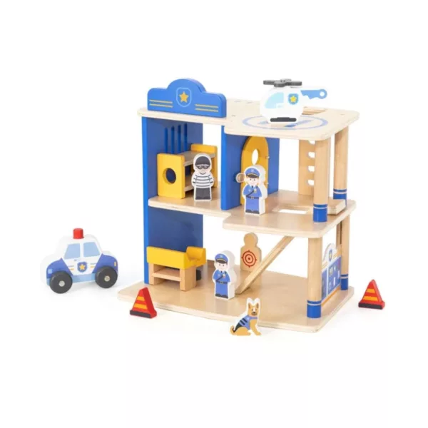 Дървена полицейска станция Viga Toys с полицейска кола и фигури за игра 3+