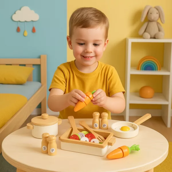 Дете играе с дървен детски комплект за готвене с аксесоари и зеленчуци
