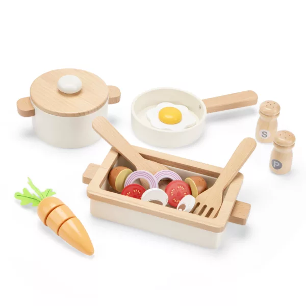 Детски комплект за готвене с дървени зеленчуци и кухненски съдове