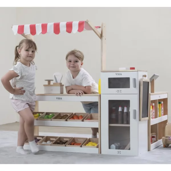 Ролева игра супермаркет от Viga Toys с хладилник, плодове и щастливи деца