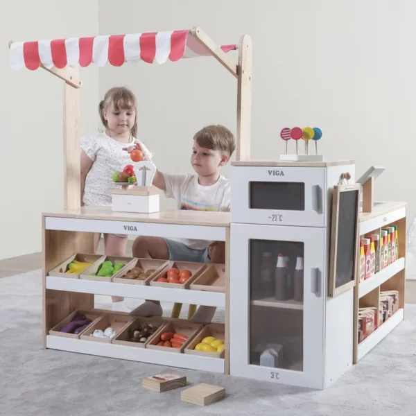 Ролева игра супермаркет Viga с рафтове и дървени продукти за деца 3+