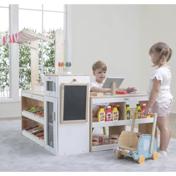 Детски комплект супермаркет от Viga с количка, каса и реалистични елементи