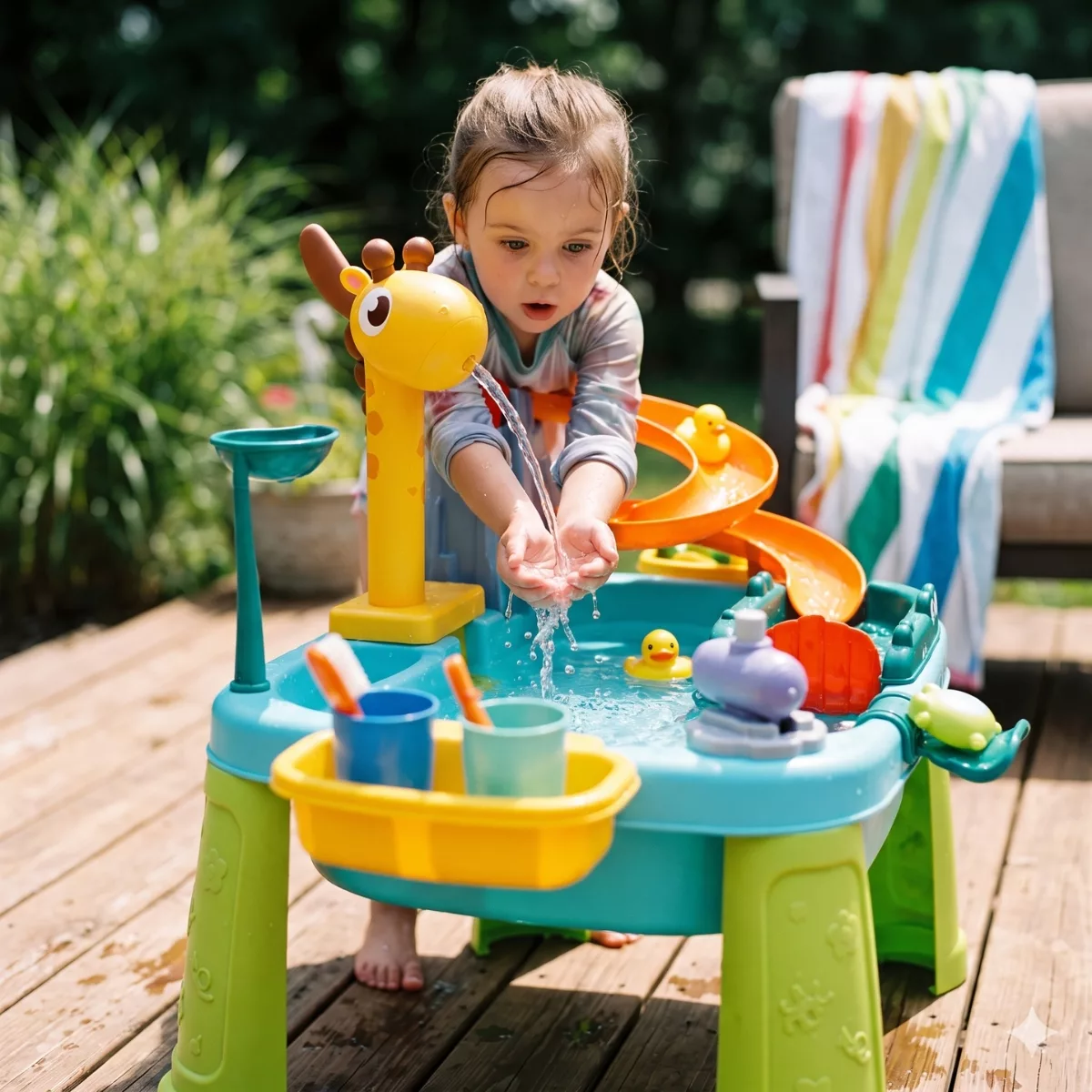 Дете играе с водна масичка Jolly с жираф и водопад в градината 3+