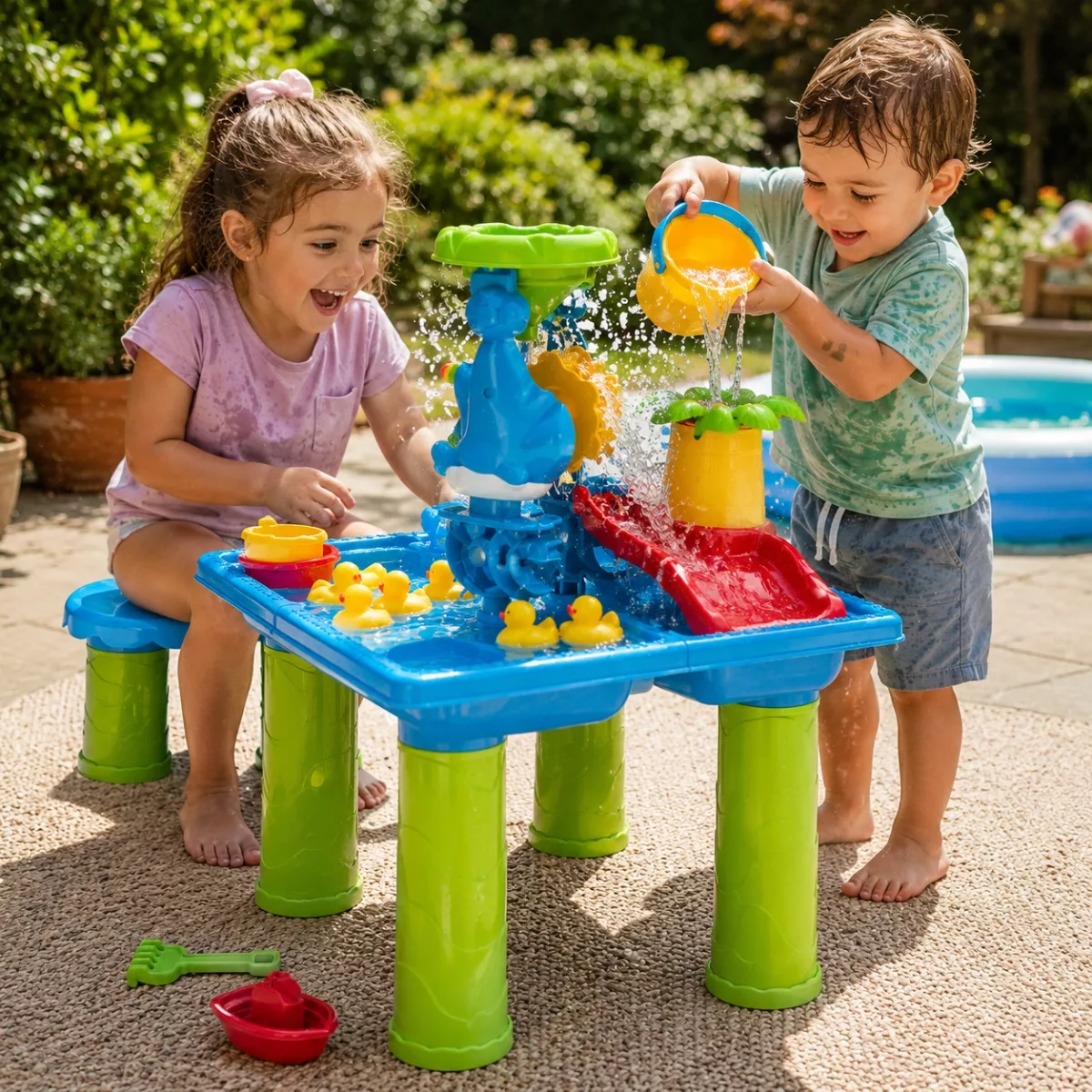 Водна масичка Jolly 2 в 1 със столче и цветни пластмасови аксесоари за деца 3+