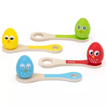 Дървена игра за баланс – комплект лъжици и яйца в червено, зелено, синьо и жълто от VIGA Toys