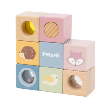 Дървени сензорни кубчета PolarB в пастелни цветове с животни и прозорчета