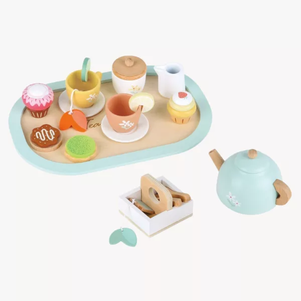 Дървен чаен сервиз с цветни чашки и сладки аксесоари в пастелни тонове Lelin Toys