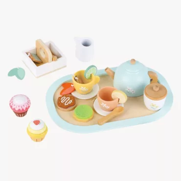 Дървен чаен сервиз с аксесоари и десерти на поднос в нежни цветове Lelin Toys