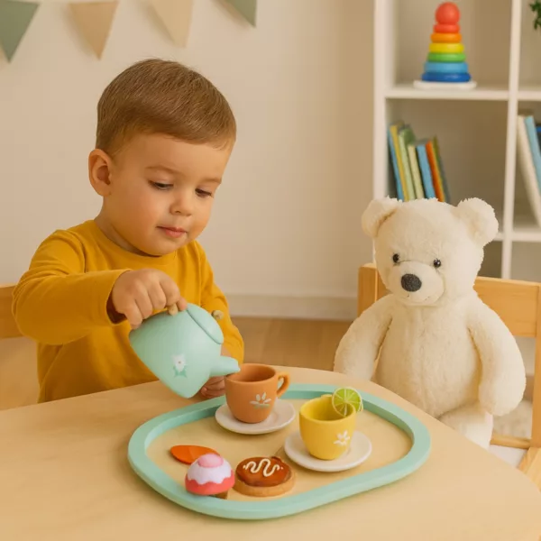 Дете играе с дървен чаен сервиз в детската стая до плюшено мече Lelin Toys