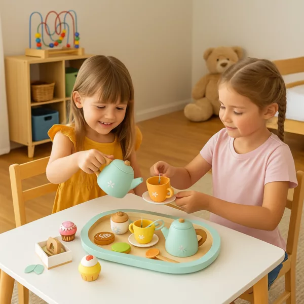 Две деца играят с дървен чаен сервиз с цветни чашки и аксесоари Lelin Toys