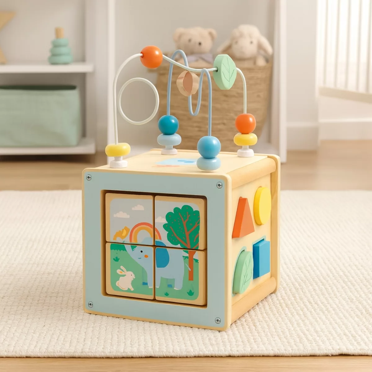 Дървен дидактически куб Вълшебна гора в детска стая с пастелни цветове и активности.