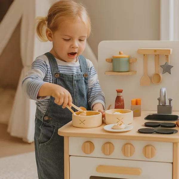 Комплект за приготвяне на хапки на пара от дърво в детска кухня за малки готвачи.