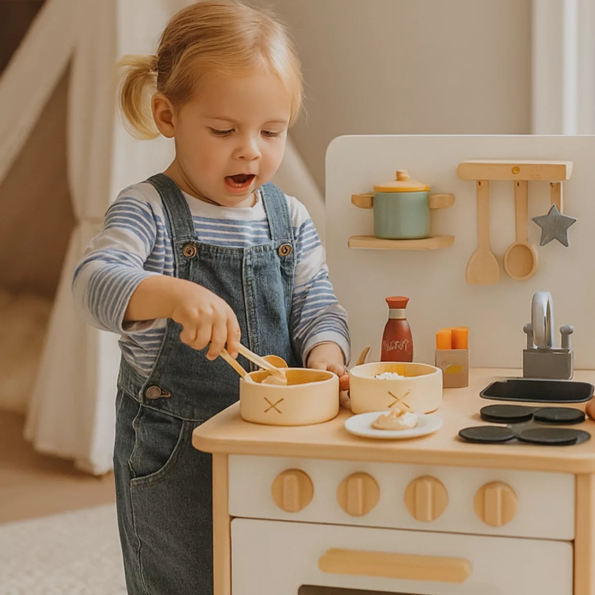 Комплект за приготвяне на хапки на пара от дърво в детска кухня за малки готвачи.