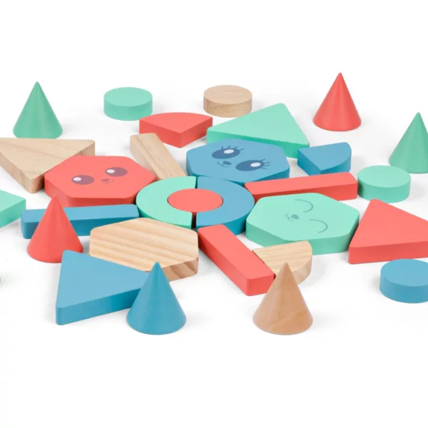 Дървен конструктор с форми и цветове BS Toys цветни дървени части 18+