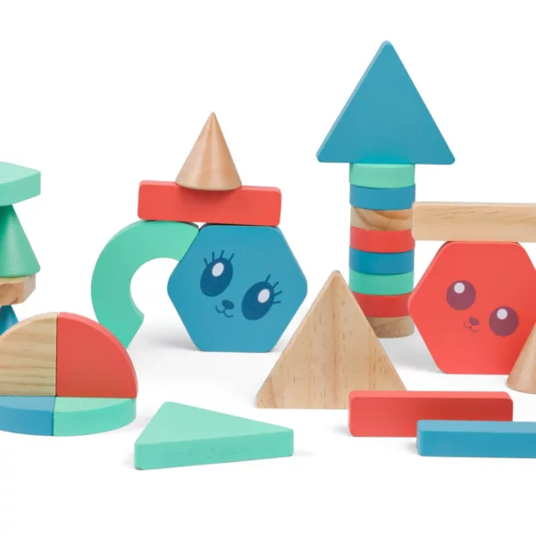 Дървен конструктор с форми и цветове BS Toys пастелни фигури 18+