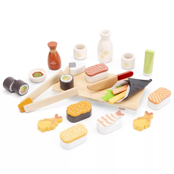 Дървен суши комплект за ролеви игри с поднос, ролца и цветни рибки за сервиране