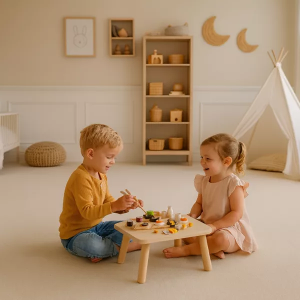 Деца играят с дървен суши комплект за ролеви игри върху ниска масичка в уютна стая