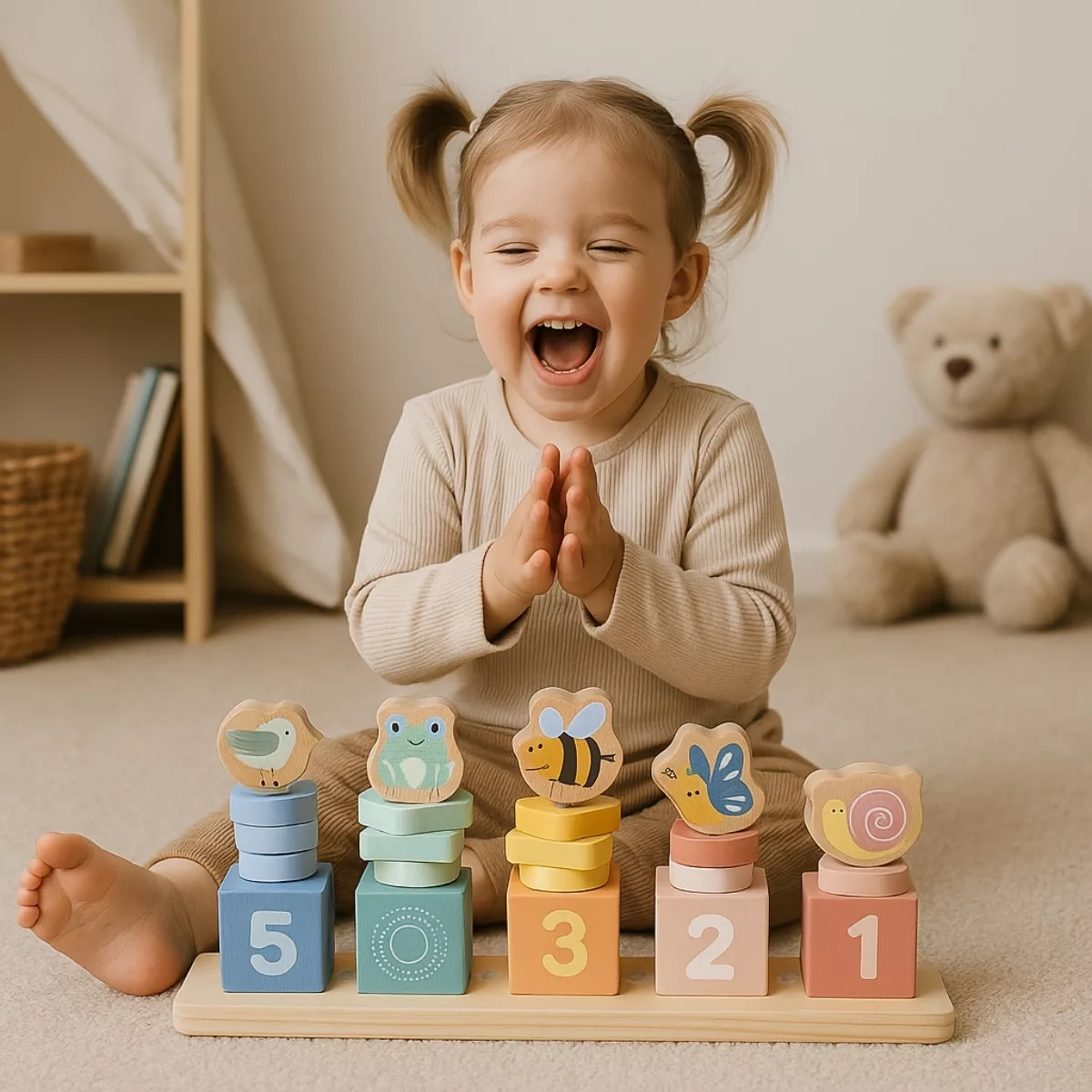 Дървена игра за сортиране и броене с животни и цветни блокчета за малки деца