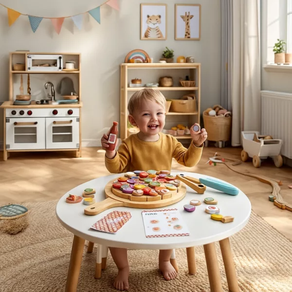 Дървена пица за ролеви игри с аксесоари и усмихнато дете в уютна стая.