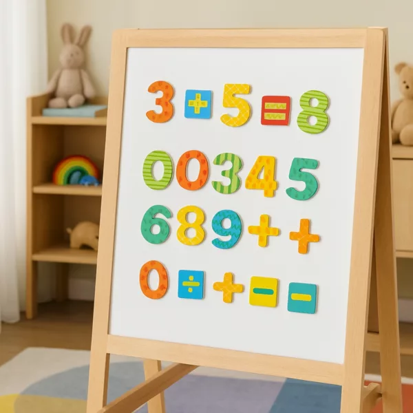 Дървени магнити цифри и знаци Lelin Toys върху стойка за учене в детска стая