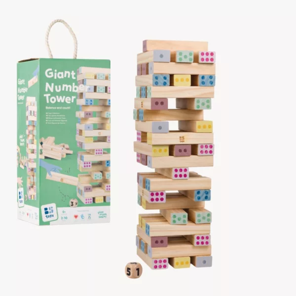 Дървена кула от блокчета с числа и зарче – BS Toys