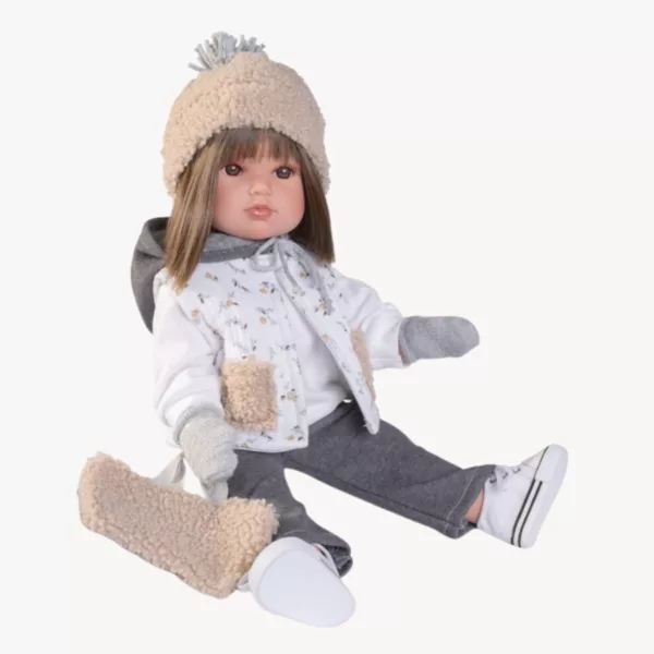 Реалистична кукла Белла седнала със зимни дрехи и пухена чантичка 45 см