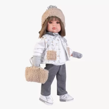 Кукла Белла с пухена шапка, жилетка и сив панталон &ndash; Antonio Juan 45 см