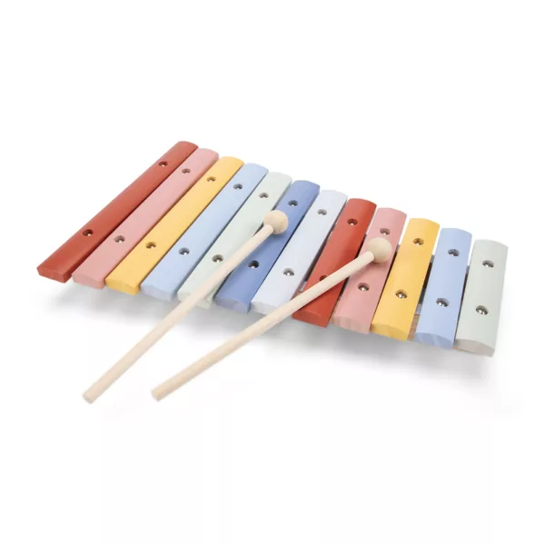 Дървен музикален ксилофон в пастелни цветове с две палки за деца
