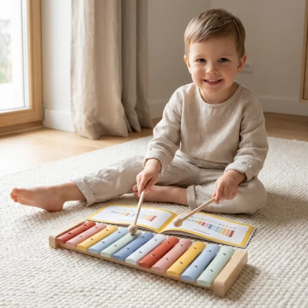 Дете свири на дървен ксилофон New Classic Toys с 12 пастелни пластини
