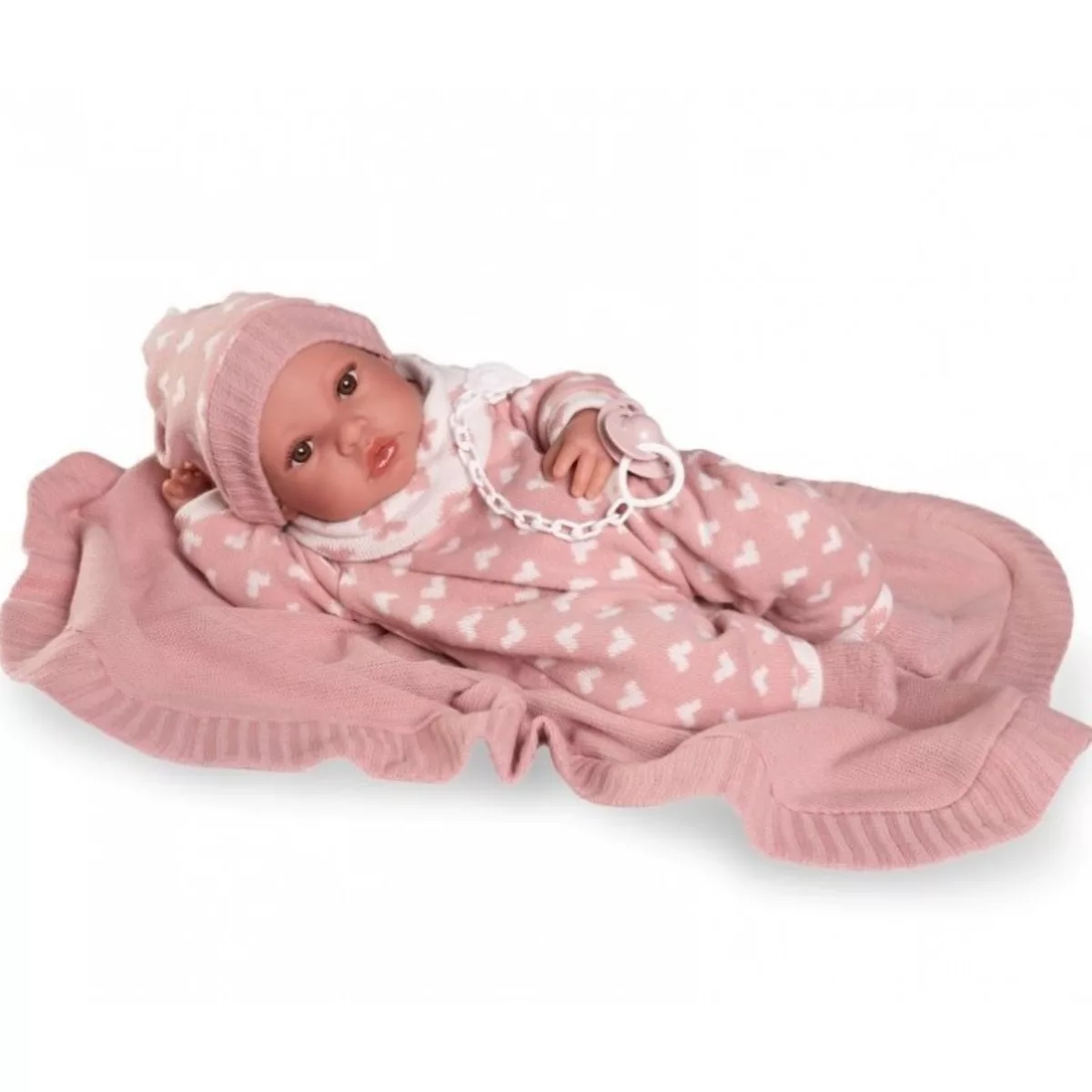 Реалистична кукла Бебе Ерика легнала върху розово плетено одеялце &ndash; 42 см