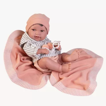 Реалистична кукла Бебе Пипа с розово одеялце и бежови дрешки от винил 42 см