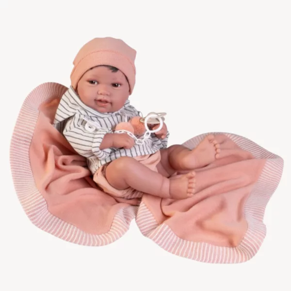 Реалистична кукла Бебе Пипа с розово одеялце и бежови дрешки от винил 42 см
